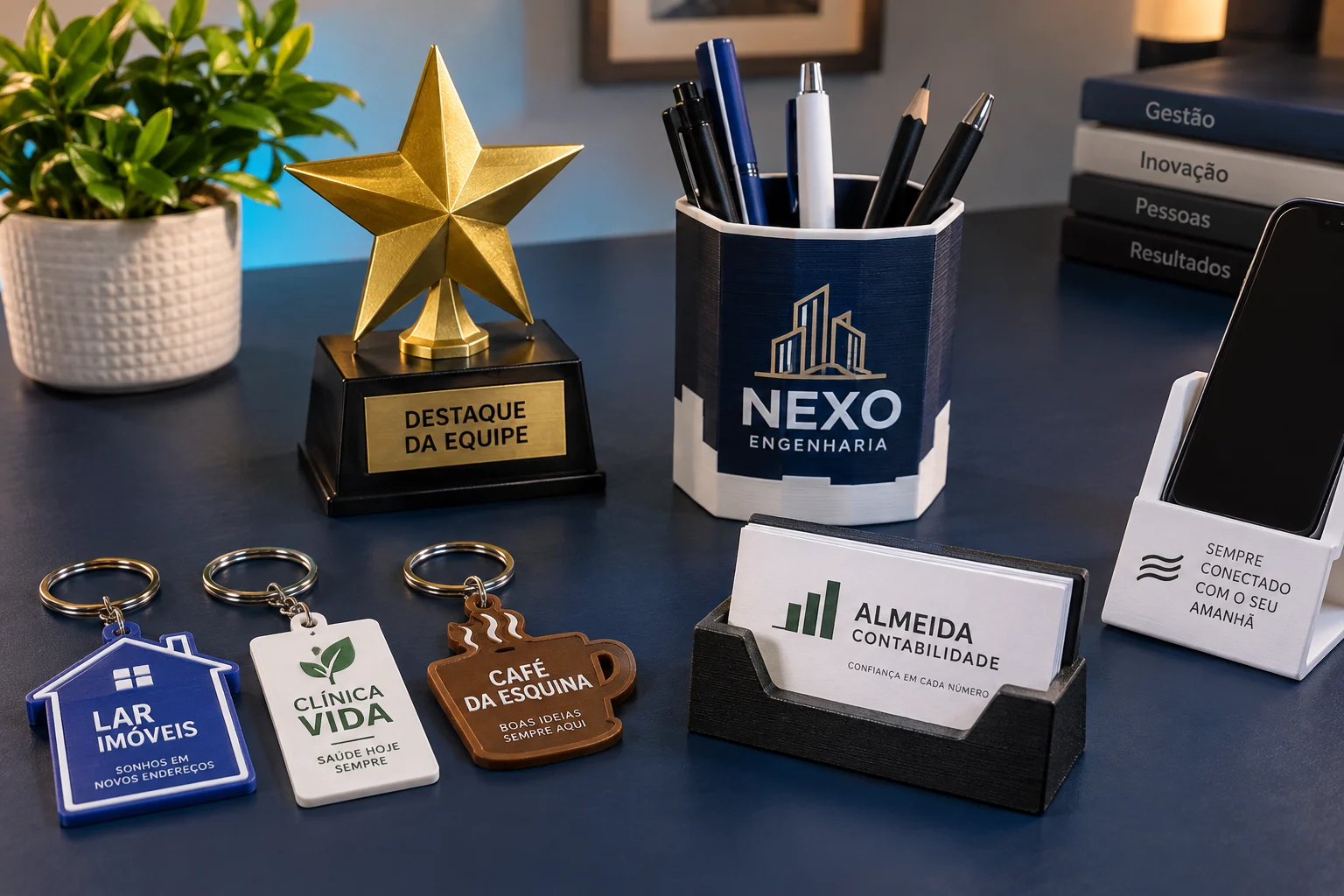 Simulação de brindes personalizados com marcas fictícias, chaveiros, troféu, porta-canetas e porta-cartões