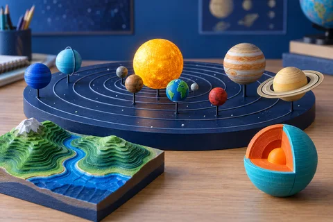 Ilustração de maquete do sistema solar e modelos didáticos impressos em 3D