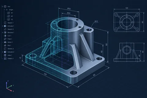 Ilustração CAD com cotas e vistas de uma peça