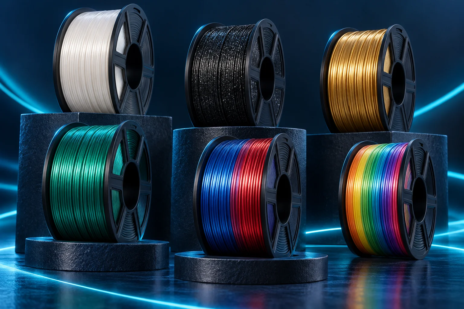 Carretéis ilustrativos de filamento branco, preto com glitter, dourado, verde Silk, azul e vermelho e Rainbow